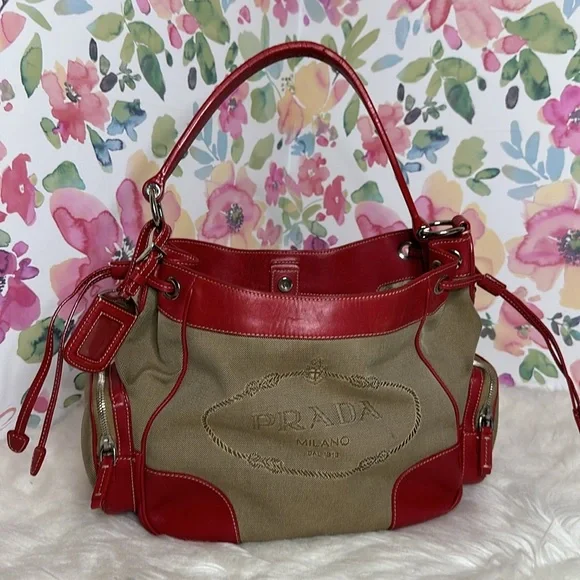 💯Authentic PRADA Jacquard Logo Hobo Corda Rosso🍀